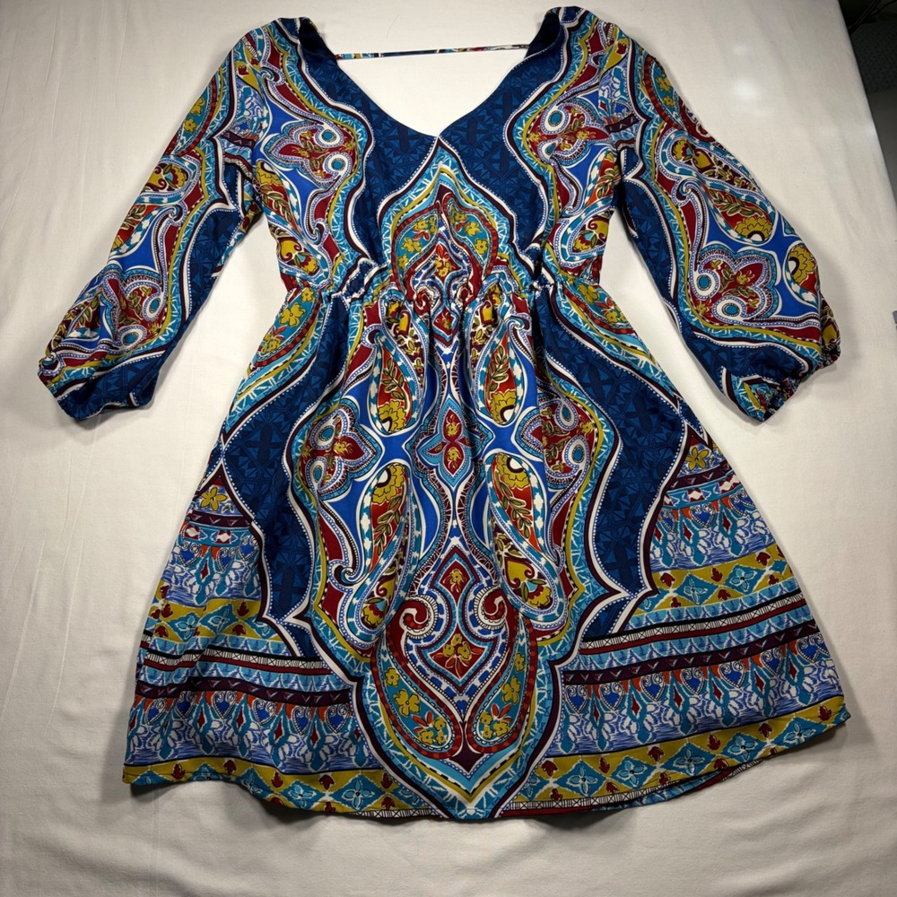 Pink Owl Boutique Blue Paisley Medium V-Neck Boho Mini Dress Festival Fairycore